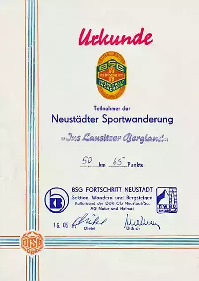 Urkunde DDR Sportwanderung