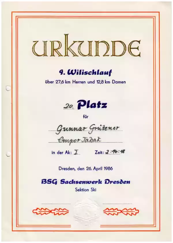 Urkunde Wilischlauf 1986