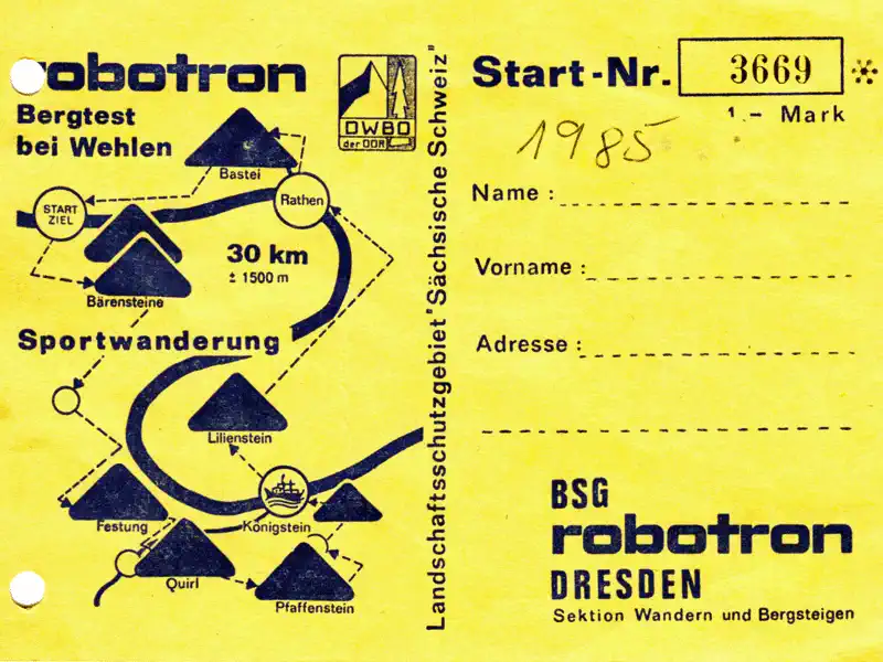 robotron Bergtest bei Wehlen - Startkarte 1985