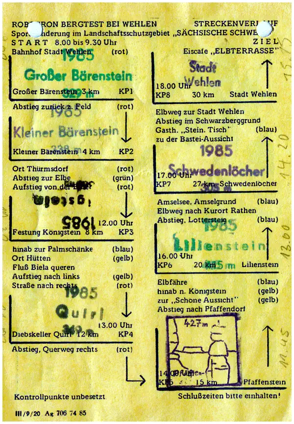robotron Bergtest bei Wehlen - Kontrollstempel 1985