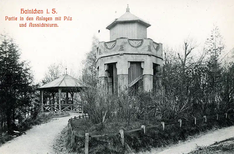Hainichen, Postkarte Brück und Sohn, Anlagen mit Pilz und Aussichtsturm, 1909